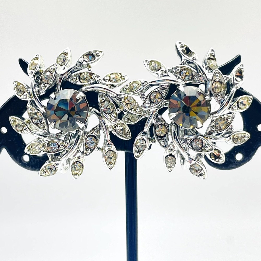 Vintage Clip On Earrings Sarah Coventry Silver Tone Rhinestone Leaf Cluster